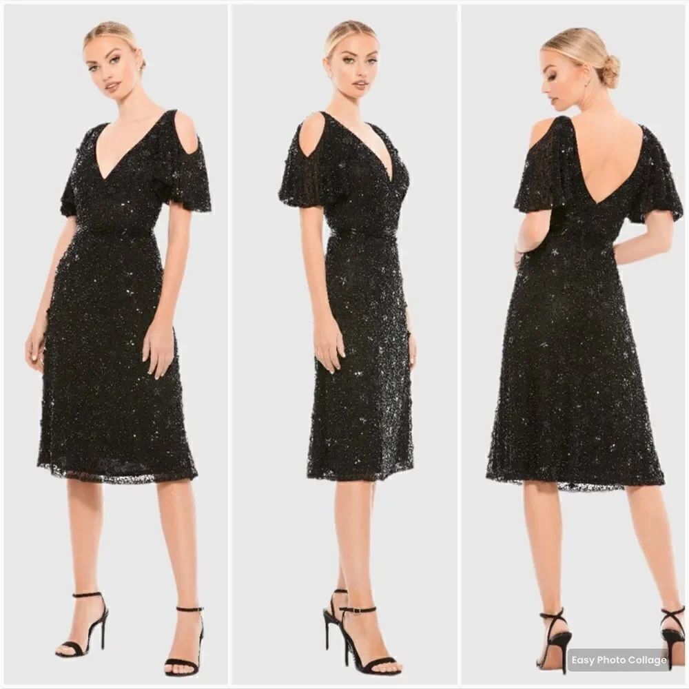 Mac Duggal 4988 Womens Pearl Embellished Drop Shoulder Dress